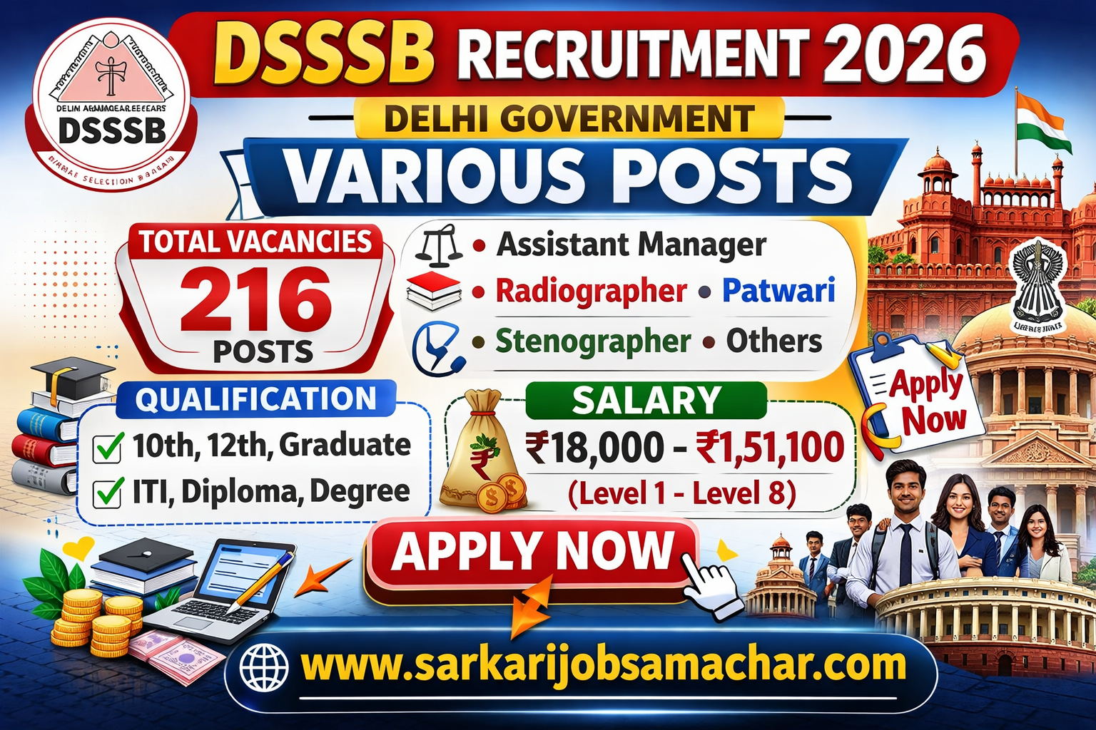 DSSSB Steno, Assistant and Other Recruitment 2026 - Apply Online for 216 Posts